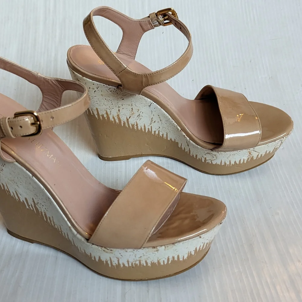 STUART WEITZMAN Bambina Aniline Single Sky patent leather platform wedge sandals